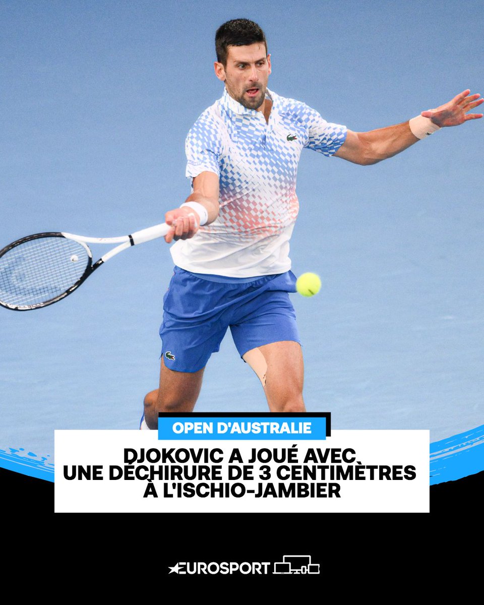 Eurosport_FR's tweet photo. Selon le patron du tournoi australien, Djokovic a disputé ses matches avec une déchirure de 3 centimètres à l'ischio-jambier

#AustralianOpen #HomeOfTennis 

https://t.co/yEGZFHFAni https://t.co/gVvfrmX0lo