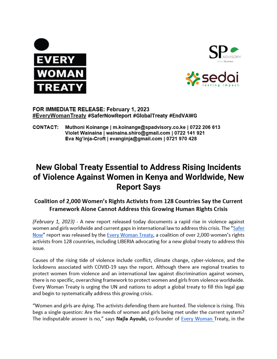 SoniKoinange's tweet photo. A New Global Treaty Essential to Address Rising Incidents of Violence Against Women in Kenya and Worldwide, New Report Says #SaferNowReport

#EveryWomanTreaty #EndViolenceAgainstWomen #EndVAWG #GlobalTreaty  #SaferNow https://t.co/HWXh2fsvHn