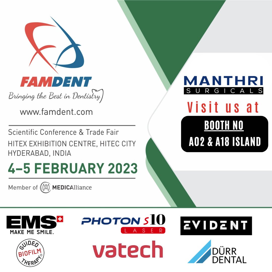 ManthriSurgical's tweet photo. #ManthriSurgicals We are proud to be #EsteemedExhibitor for #FAMDENT #FamdentHyderabad2023 #DentalShow #Dentists #DentalDoctors #DentalEquipments #famdentshow #dentistry #dentalclinic #dentist #dentalclinic #dentalcare #oralcare #dentista #dentalworld #dentalproducts https://t.co/fwZyehYvJK