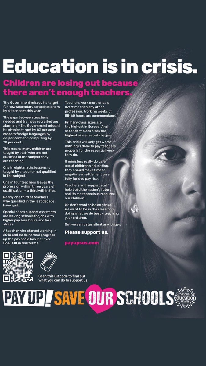 In full support of all teachers striking today, in Ealing and beyond. 

This isn’t just about pay.
This is about recruitment and retention.
This is about underfunded classes.
This is about large class sizes.
This is about an unsustainable teacher workload.
 #TeacherStrike #Ealing