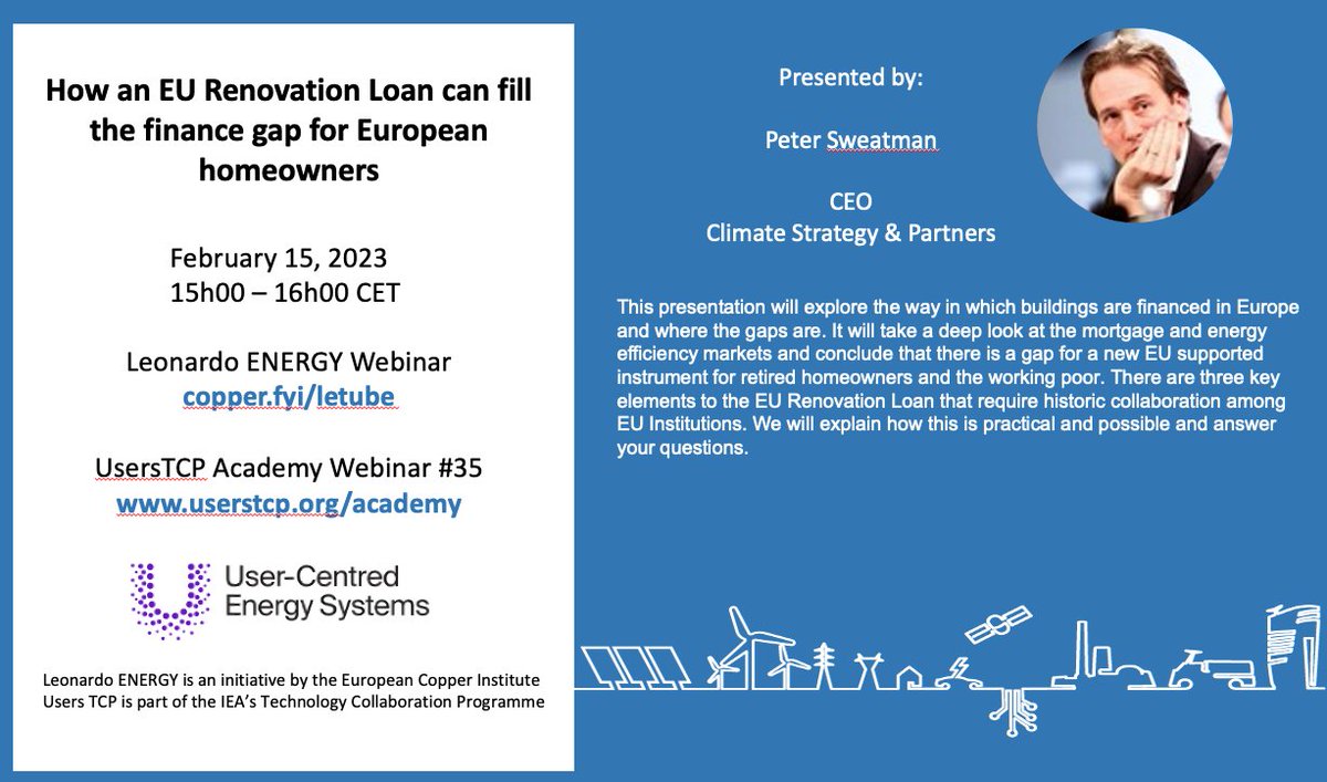 User-Centred Energy Systems TCP (@users_tcp) on Twitter photo Registration is open for our February 15 webinar with Peter Sweatman from <a href="/ClimateSt/">Climate Strategy</a> - How an EU Renovation Loan can fill the finance gap for European homeowners.
Register at bit.ly/3DsdI8A Registration is open for our February 15 webinar with Peter Sweatman from <a href="/ClimateSt/">Climate Strategy</a> - How an EU Renovation Loan can fill the finance gap for European homeowners.
Register at bit.ly/3DsdI8A