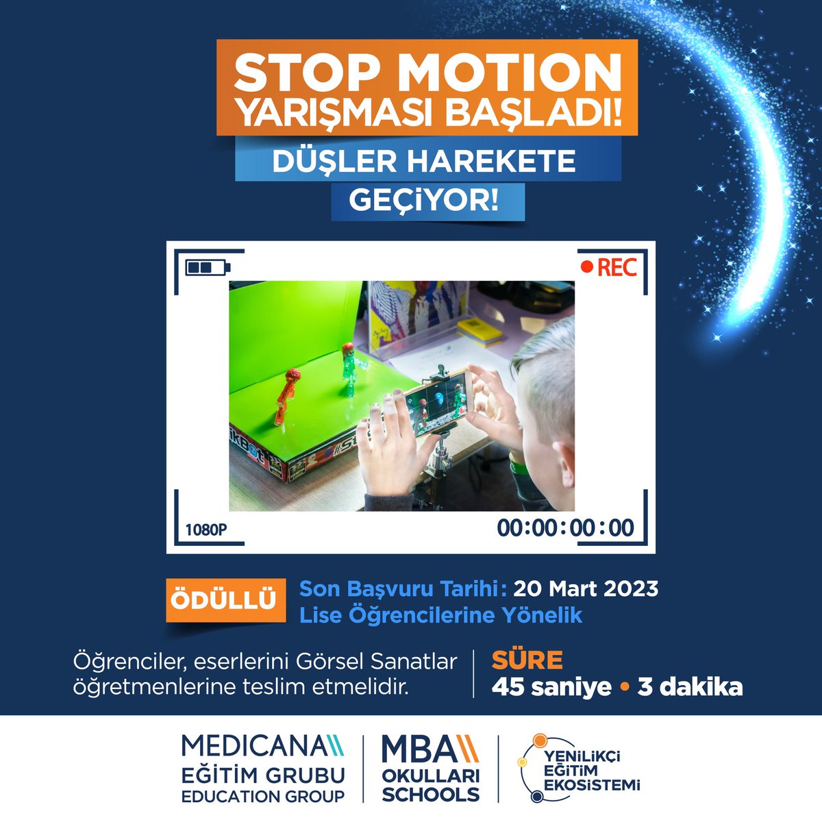 MBA Okulları Stop Motion Yarışması ile düşler harekete geçiyor!
 
Son başvuru tarihi 20 Mart olan ödüllü yarışmamıza katılacak öğrencilerimiz eserlerini Görsel Sanatlar öğretmenlerine teslim edebilirler.

#MBAOkulları #MedicanaEğitimGrubu