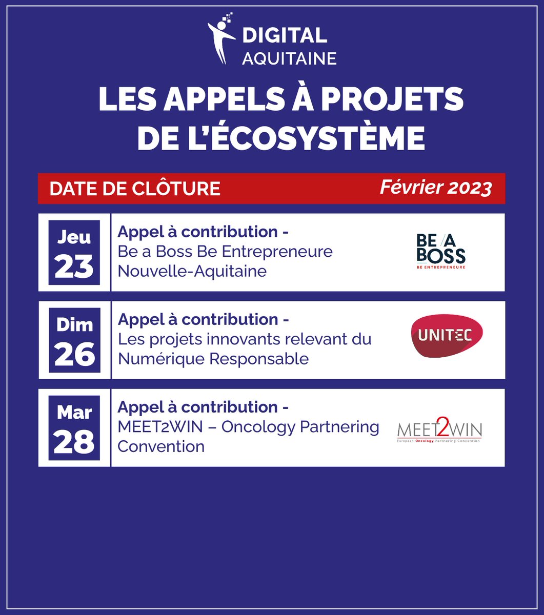 Les appels à projets de l'écosystème du mois de Février 2023 📢

Les acteurs du numériques en Nouvelle-Aquitaine ont peut être besoin de vous ? 👀

Découvrez les appels à projets qui se clôturent ce mois-ci !

#appelaprojet #appelacontribution #appelacandidature