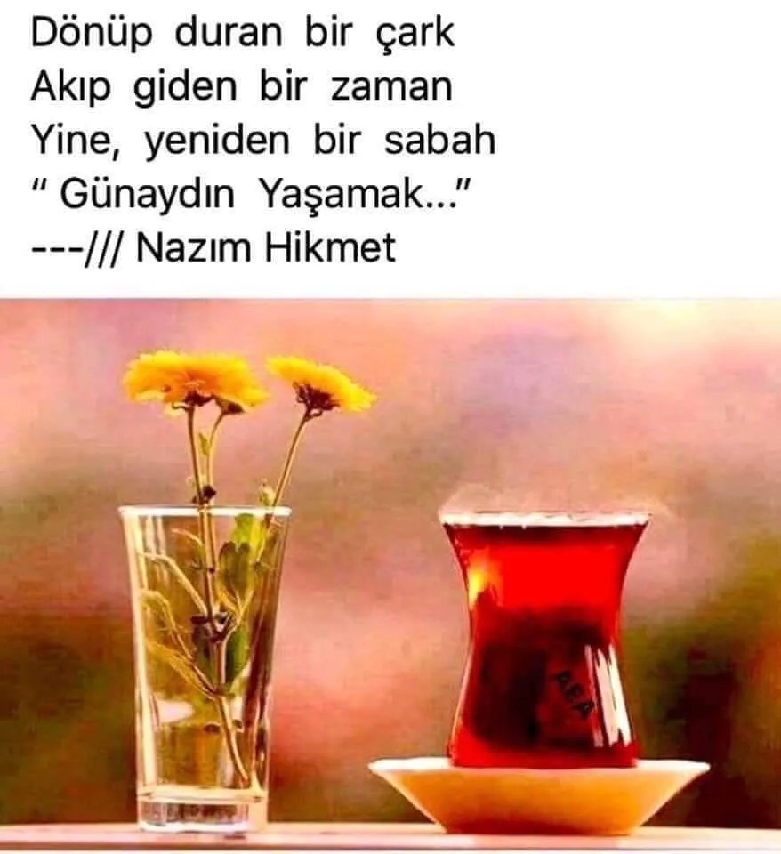 @NevzatNevzatC @dilekavcibahti2 🇹🇷Günaydın Mutlu Sabahlar 🇹🇷
Günaydın Dönüp duran bir çark
Akıp giden bir zaman 
Yine yeniden bir sabah 
Günaydın yaşamak
Nazım Hikmet Ran..