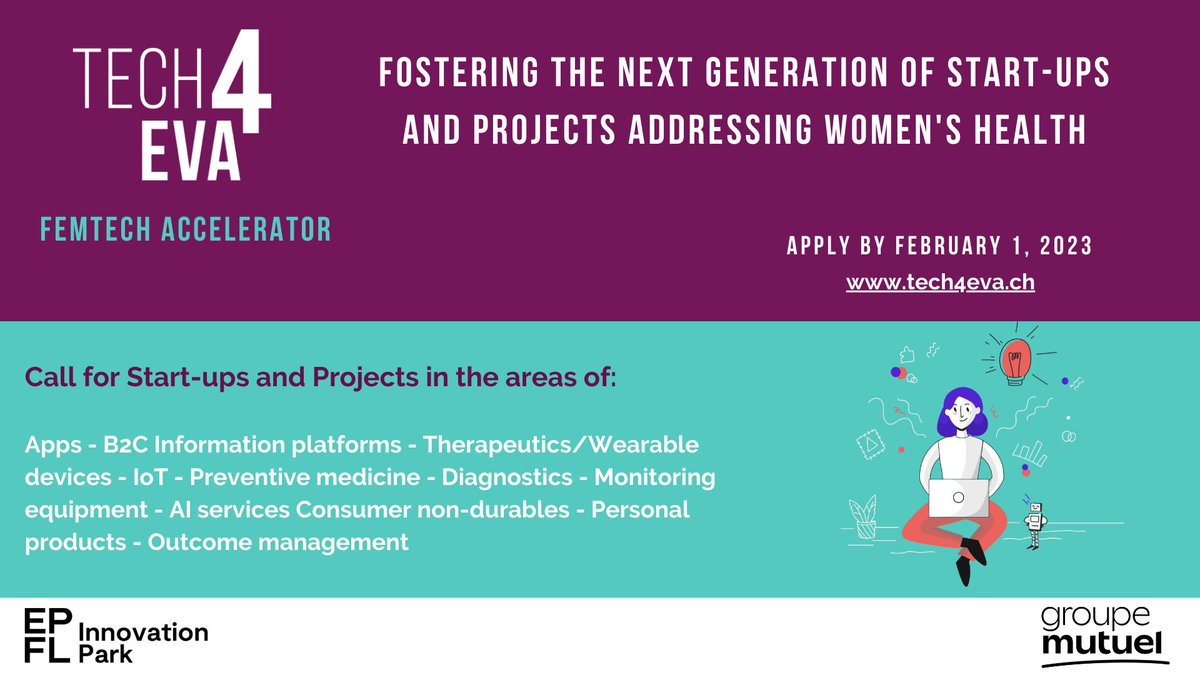 femtechinsider's tweet image. 🚀 Today is your last chance to apply for #Tech4Eva, the global equity free virtual #femtech accelerator by @EPFL_Park and  @Groupe_Mutuel! 

Learn more and apply: app.future-of-health.org/public/applica…