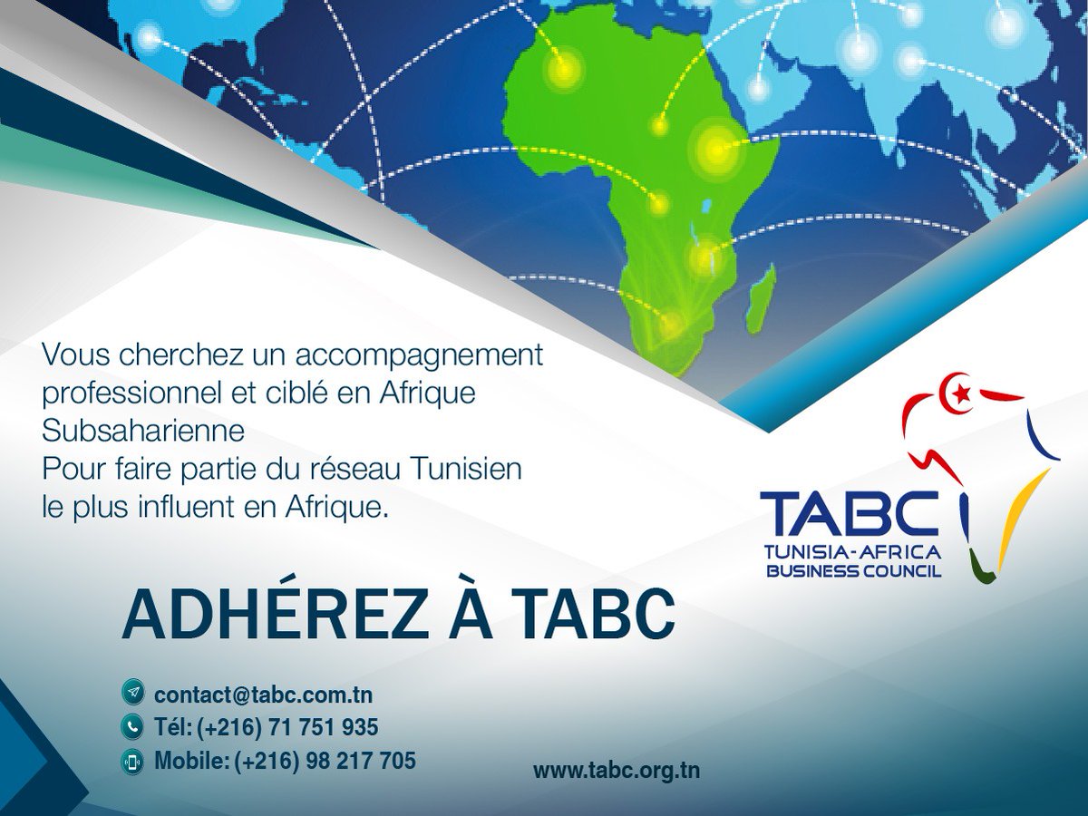 tabc_official's tweet image. #TABC, une organisation leader dans l'accompagnement en #Afrique. Rejoignez un réseau professionnel de choix pour assurer votre développement à l'international. Pour devenir #membre, merci de nous contacter :
Email: contact@tabc.org.tn
Tel: +216 71751935
Mobile: +216 98217705