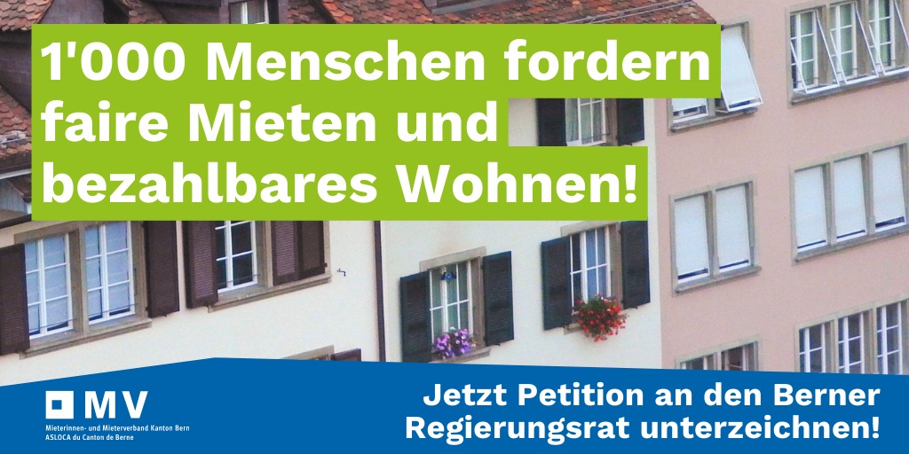 Mieterinnen- und Mieterverband Kanton Bern (@mvkantonbern) on Twitter photo In nur 90 Minuten haben schon über 1'000 Menschen unsere Petition für faire Mieten und bezahlbares Wohnen unterzeichnet. Das zeigt: Es muss dringend etwas gegen die steigenden Mieten unternommen werden!
👉 faire-mieten-bern.ch
<a href="/spkantonbern/">SPBE</a> <a href="/gruenebern/">GRÜNE Kanton Bern</a> <a href="/evppev_be/">EVP Kanton Bern</a> In nur 90 Minuten haben schon über 1'000 Menschen unsere Petition für faire Mieten und bezahlbares Wohnen unterzeichnet. Das zeigt: Es muss dringend etwas gegen die steigenden Mieten unternommen werden!
👉 faire-mieten-bern.ch
<a href="/spkantonbern/">SPBE</a> <a href="/gruenebern/">GRÜNE Kanton Bern</a> <a href="/evppev_be/">EVP Kanton Bern</a>