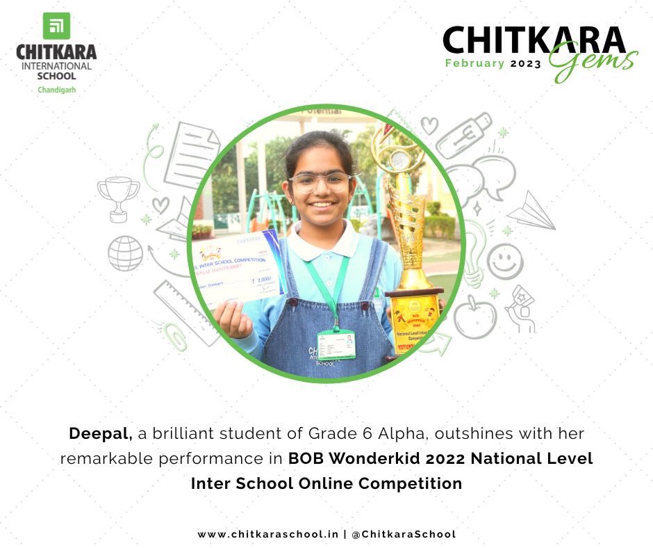 chitkara_school's tweet photo. Deepal, a brilliant student of Grade 6 Alpha, outshines with her remarkable performance in BOB Wonderkid 2022 National Level Inter School Online Competition
#ChitkaraInternationalSchool #CIS #Achievement #Proud #Winner #Award #Achievers #Chitkarians #nationallevelcompetition https://t.co/srHSRiBDtu