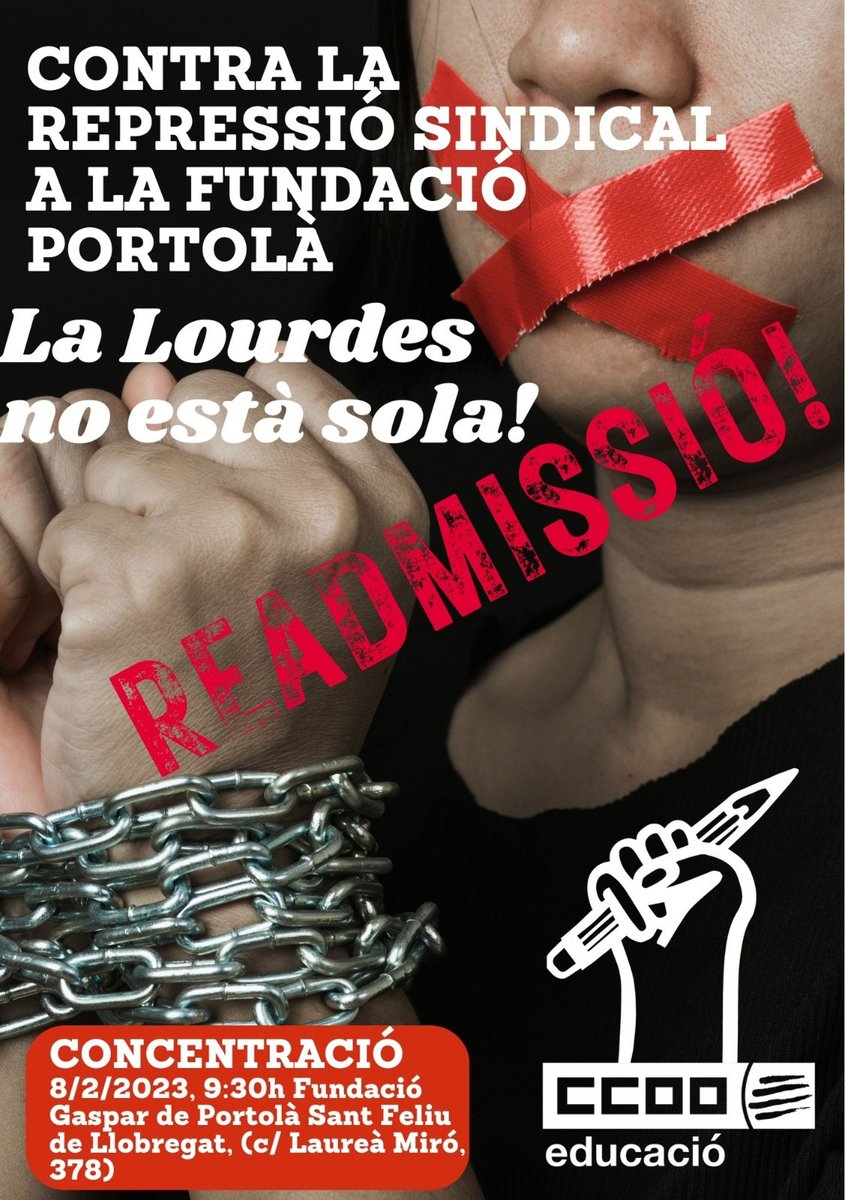 ccoo_bll_apag's tweet photo. 🟥La @FundacioPortola no és democràtica:
acomiada la candidata de @ccooedullobrega a les eleccions sindicals.
✊Però Lourdes compta amb tot el suport del seu sindicat, pel que ens concentrarem el 8/2 (9.30 h.) a la seu de la fundació a #SantFeliu.
@CCOOeducacio  @ccoocatalunya https://t.co/w8MSYDlYlk