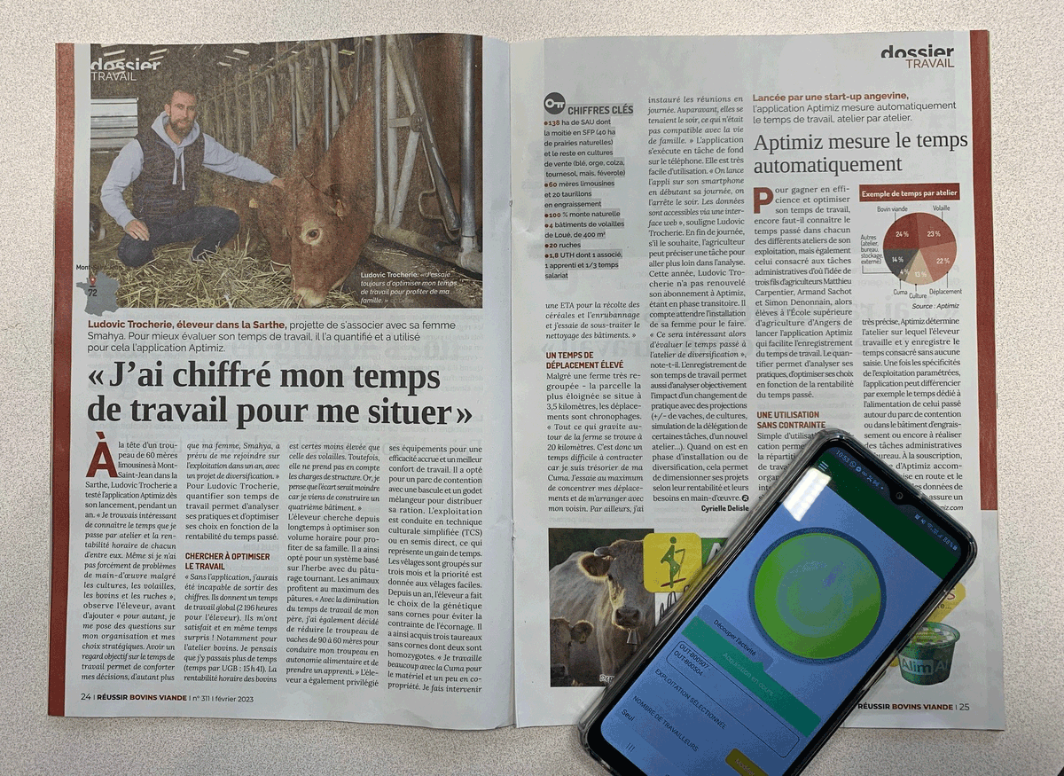 🙏 Merci à <a href="/reussir/">REUSSIR</a> pour la dernière parution📕 "Mieux s'organiser pour mieux vivre au travail". Nombreux témoignages d'éleveurs et d'experts qui considèrent la gestion du temps de travail dans leur quotidien 😁 Ludovic Trocherie, notre client y parle de la solution #aptimiz