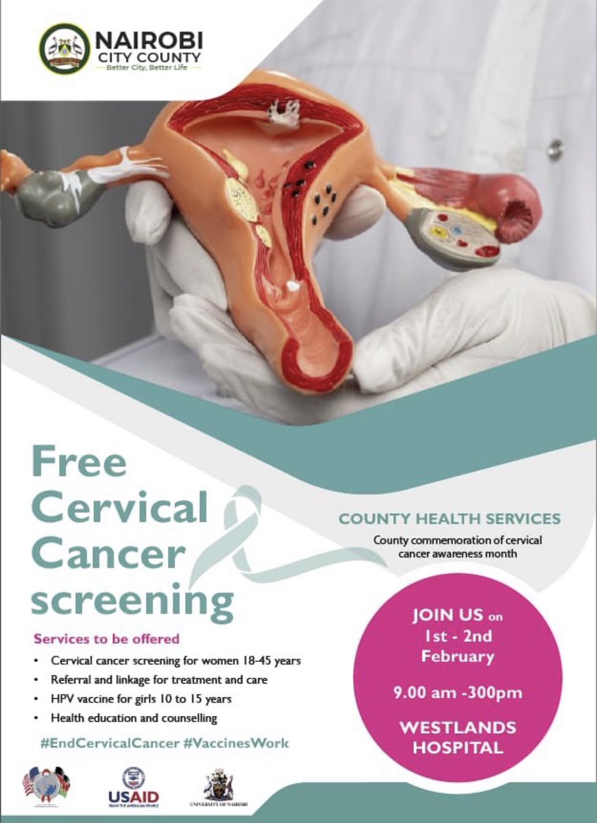 Cervical cancer can often be prevented by having regular screenings with Pap tests and human papillomavirus (HPV) tests to find any precancers and treat them. 

Get checked today & tomorrow for FREE at @NairobiCityGov Westlands Hospital. #CervicalCancerScreening