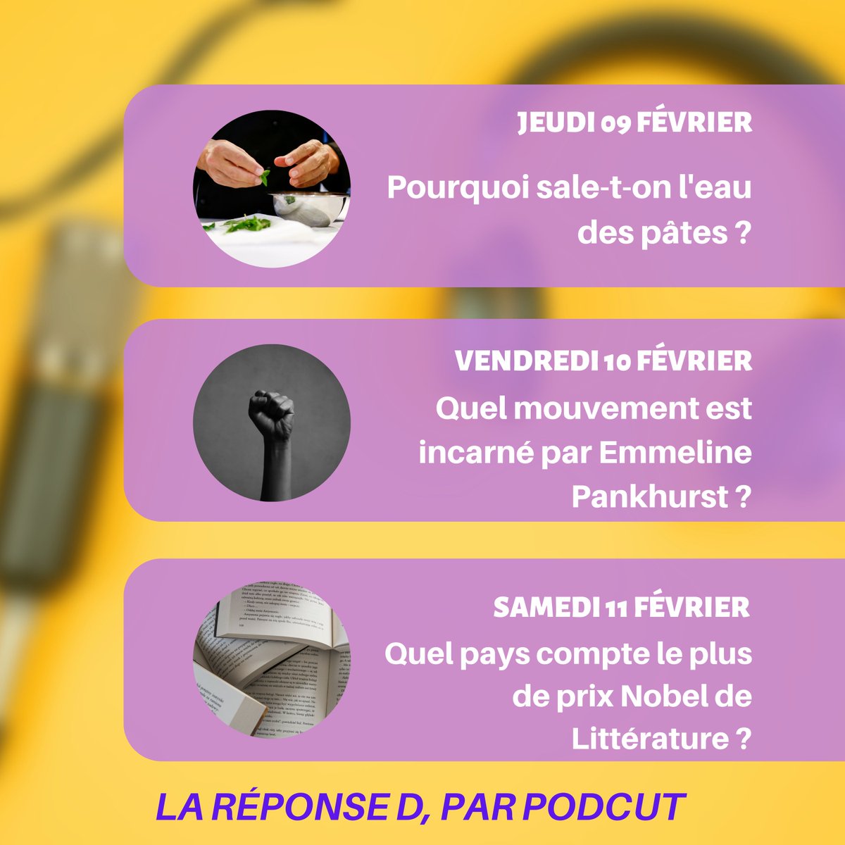 La réponse D saison 3 ça commence demain ! 🔥

Cette semaine on parle couleur, pâtes et prix Nobel, un programme à ne surtout pas manquer !

#podcast #lareponsed #cultureg #quizz #culturegenerale