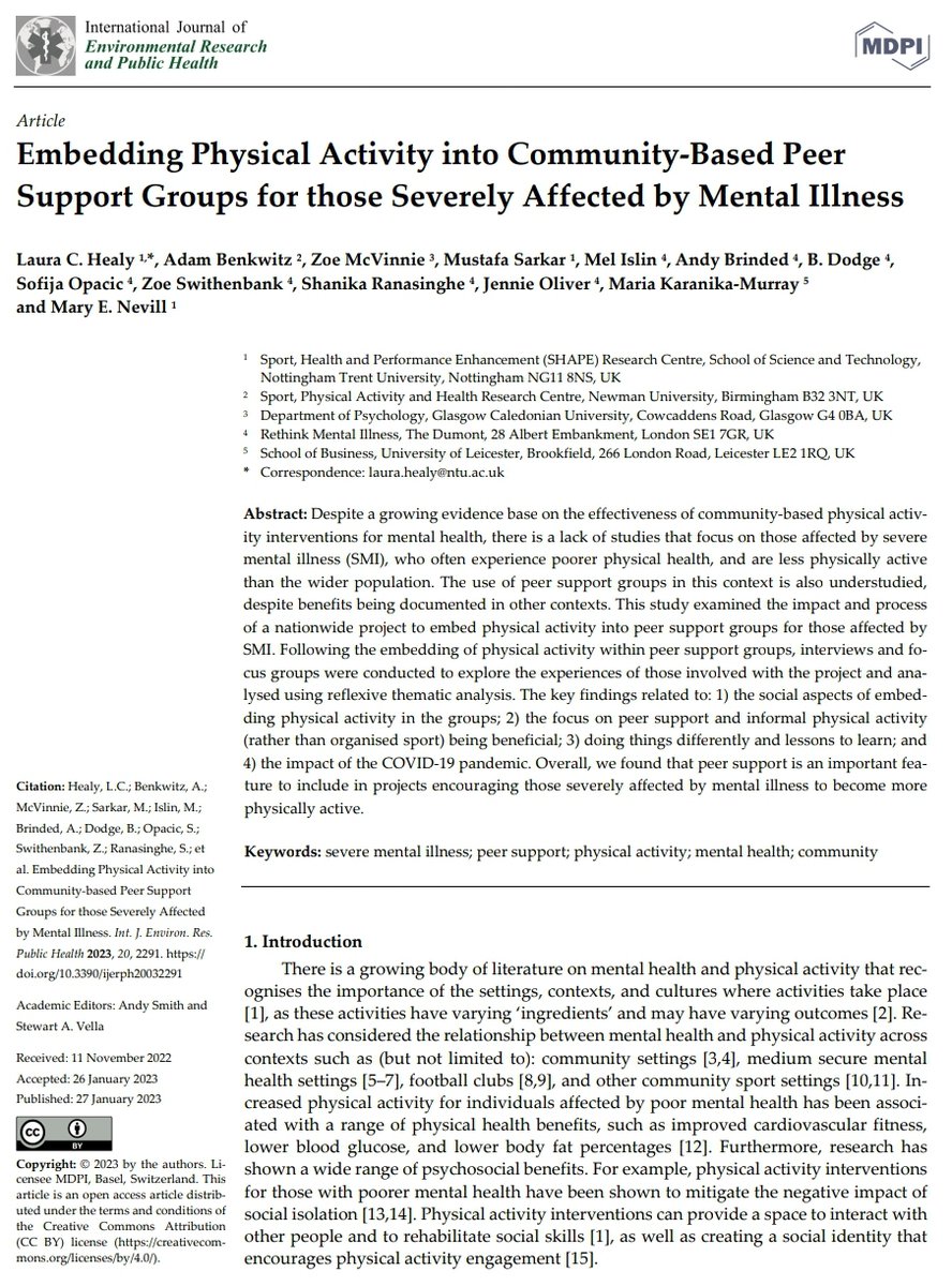 MusSarkar's tweet photo. NEW open access paper (in @ProfAndySmith &amp; @stewartvella special issue) led by @LauraHealyBob reporting our evaluation of @Rethink_ work of embedding physical activity into community-based peer support groups for those severely affected by mental illness. https://t.co/paboqPcRD3 https://t.co/zMNkeH1GIt