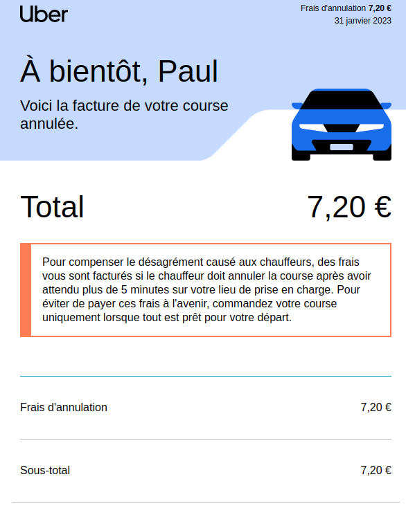 PaulCroiz's tweet photo. Belle surprise ce matin en découvrant que j'ai été facturé plus de 7€ par Uber pour cause de plus de 5mn d'attente d'un chauffeur qui n'a pas pris la bonne rue de ma prise en charge. @UberFR  [1/3] https://t.co/S7CCb2GRXX