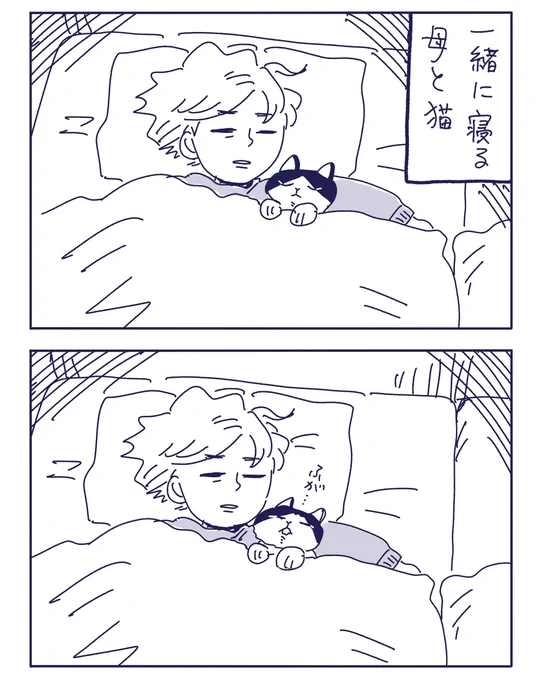 一緒に寝る母と猫 