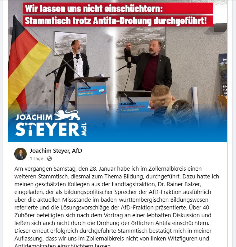 AfD-Watch: Die AfD #Zollernalb hat am 28. Januar 2023 ihren Stammtisch mit dem AfD-Bundestagsabgeordneten Dirk Spaniel durchgeführt. Sie beklagt angebliche Antifa-Drohungen. 
Eventuell geht es um Kritik von uns an einer Location in #Jungingen, die die AfD beherbergte.