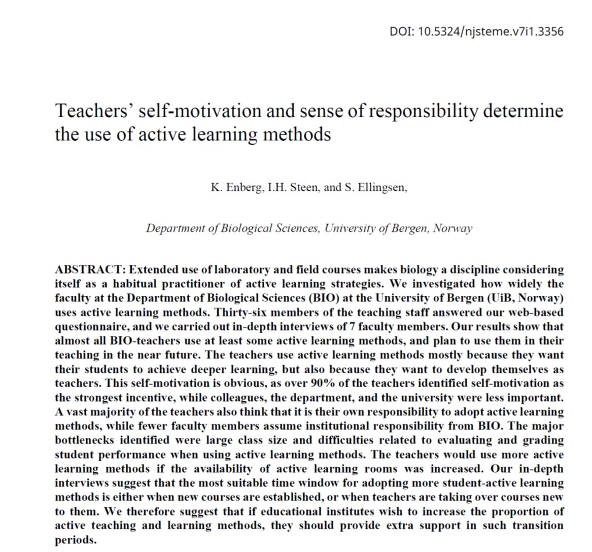 Katja Enberg moved to katjaenberg.bsky.social (@katjaenberg) on Twitter photo We asked the professors <a href="/BioUiB/">Biovitenskap på UiB</a> about their use of #active learning methods (ALM).
-self-motivation & sense of responsibility crucial
-most teachers learned ALM by themselves
-new course/new teacher provide "window of opportunity" for adopting more ALM
➡️tinyurl.com/2zxnacem We asked the professors <a href="/BioUiB/">Biovitenskap på UiB</a> about their use of #active learning methods (ALM).
-self-motivation & sense of responsibility crucial
-most teachers learned ALM by themselves
-new course/new teacher provide "window of opportunity" for adopting more ALM
➡️tinyurl.com/2zxnacem