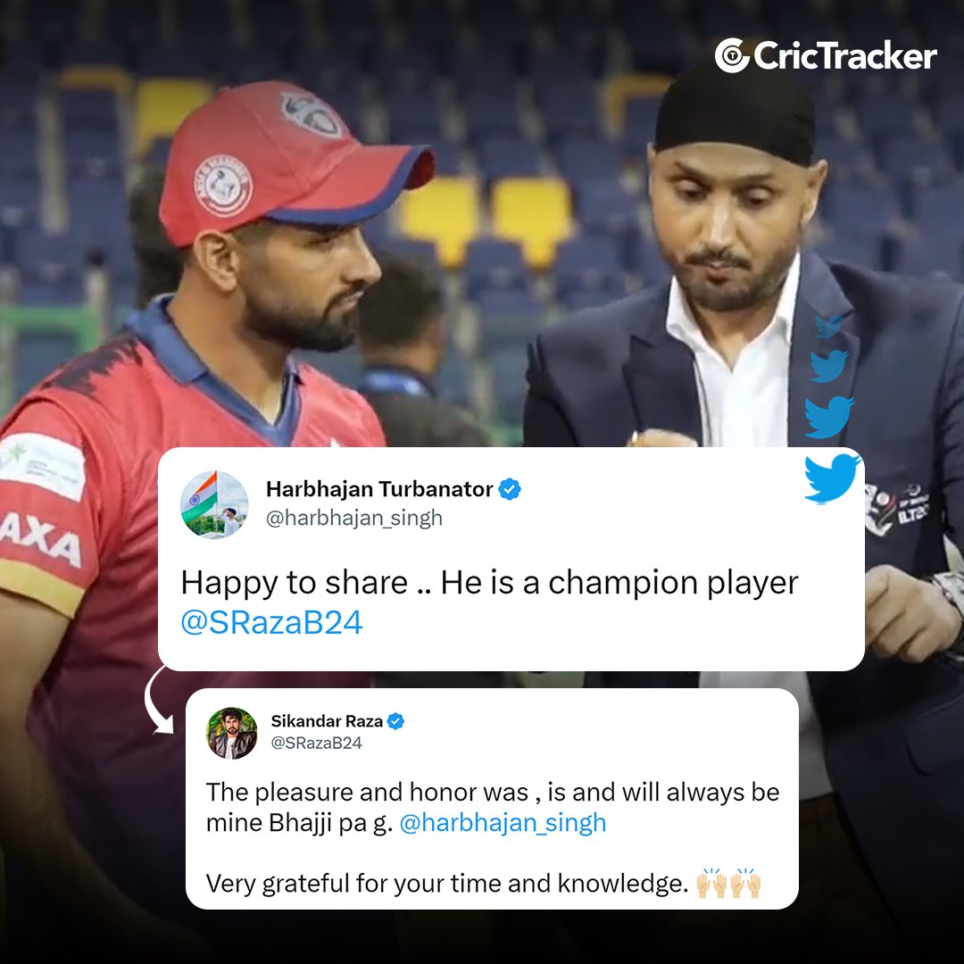 Cricketracker's tweet photo. Harbhajan Singh looked impressed with Sikandar Raza's grip and release of the ball.

#HarbhajanSingh #SikandarRaza #DPILT20 #CricTracker https://t.co/Ie3cE0u9Bh