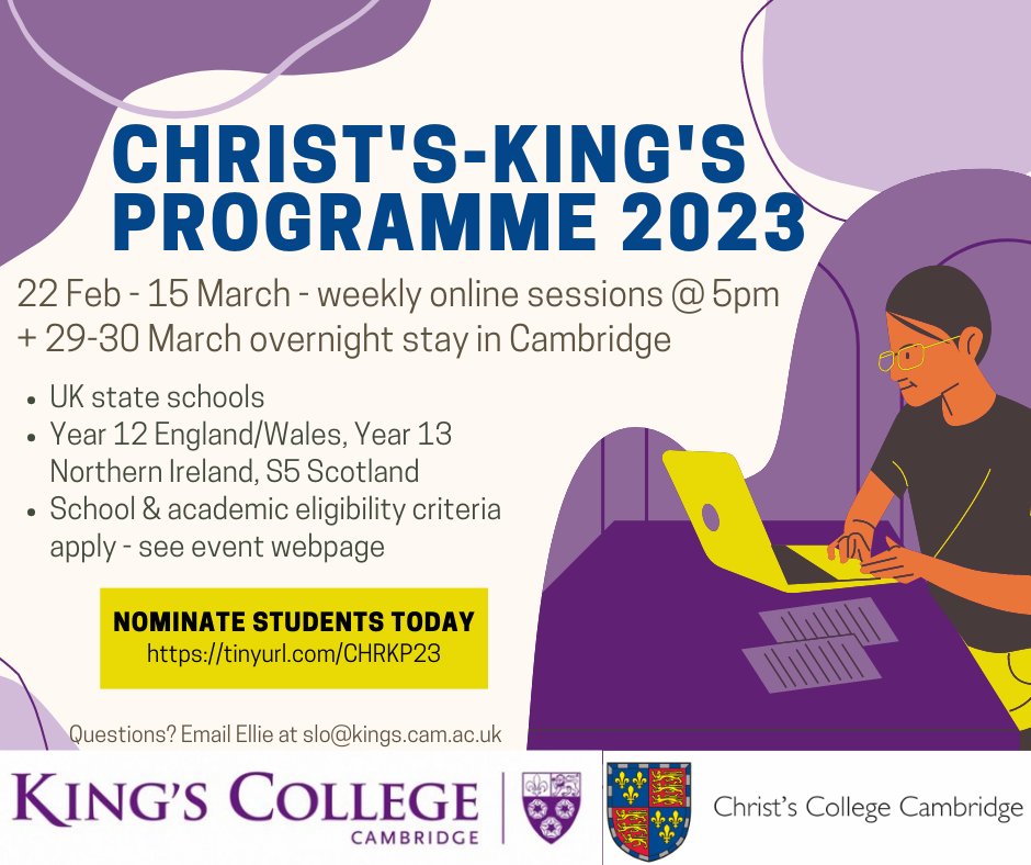 Christ's Access (@christsaccess) on Twitter photo ⏰DEADLINE EXTENSION - MONDAY 6TH FEB @ 12PM⏰
There are some additional days to nominate lower sixth students for our joint programme with <a href="/Kings_Outreach/">King's Outreach</a>.
All details + eligibility 👉
christs.cam.ac.uk/christs-kings-…
Unsure if your school/student is eligible? Please email us! ⏰DEADLINE EXTENSION - MONDAY 6TH FEB @ 12PM⏰
There are some additional days to nominate lower sixth students for our joint programme with <a href="/Kings_Outreach/">King's Outreach</a>.
All details + eligibility 👉
christs.cam.ac.uk/christs-kings-…
Unsure if your school/student is eligible? Please email us!