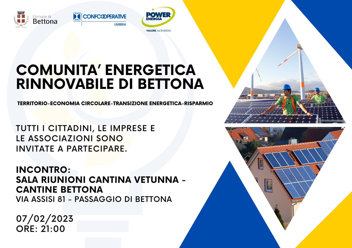 💡♻️ COMUNITÀ' ENERGETICA #RINNOVABILE DI #BETTONA.

✔️#TERRITORIO-#ECONOMIACIRCOLARE-#TRANSIZIONEENERGETICA-#RISPARMIO

TUTTI I #CITTADINI, LE #IMPRESE E LE #ASSOCIAZIONI SONO INVITATE A PARTECIPARE.