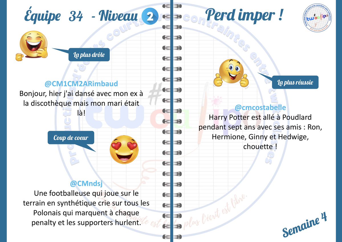 tw_oulipo's tweet photo. Bonjour chère #EQ34 !
Voici les résultats de cette dernière semaine, félicitations pour vos belles productions.
@classe_ev
@CMndsj
@Cm2Pace
@CM2BLfgermain
@cm2stlo
@CM1CM2ARimbaud
@cmcostabelle https://t.co/MxycmzAb1k