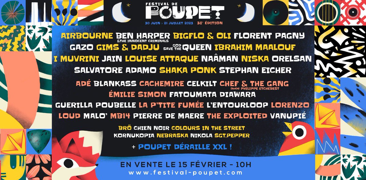 ⭐️ 𝐅𝐄𝐒𝐓𝐈𝐕𝐀𝐋 𝐃𝐄 𝐏𝐎𝐔𝐏𝐄𝐓 - 𝐋𝐀 𝐏𝐑𝐎𝐆'𝟐𝟎𝟐𝟑 #POUPET2023 ⭐️
👉 Vous l’attendiez avec impatience voici la PROG'2023 ! 😁 
► Toutes les infos sur la prog' : festival-poupet.com
► Ouverture de la billetterie : 15 février- 10H ! 😍#festival 🥳