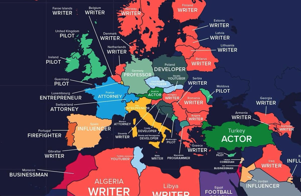 marcvidal's tweet photo. La empresa Remitly ha publicado este mapa basado en las búsquedas globales en Google en 2022 con el inicio "cómo ser un..." y una profesión al término de la frase. Los resultados se han clasificado por país.

en España gana #influencer https://t.co/5XtvBPo1r9
