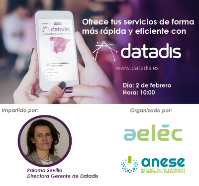 aelec_es's tweet photo. 📅 Nuestra directora general y directora gerente de #Datadis, Paloma Sevilla, participa mañana 2/2 a las 10am en el #webinar de @ANESEASOCIACION 'Ofrece tus servicios de forma más rápida y eficiente con Datadis'. Consulta más información https://t.co/QiCLynYDrM https://t.co/q4fDqXwJnM