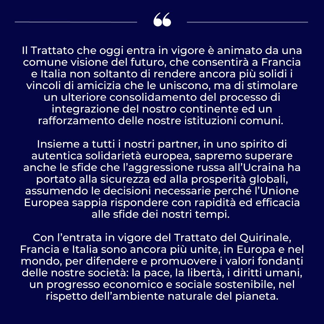 Dichiarazione del Presidente della Repubblica Sergio #Mattarella in occasione dell’entrata in vigore del Trattato del #Quirinale 🇮🇹 🤝 🇫🇷 1°Febbraio 2023: