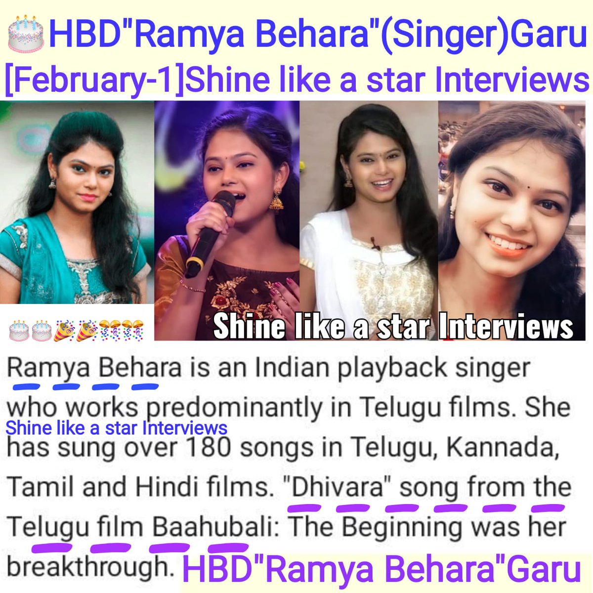 #Shinelikeastarinterviews  wishes #HBD #singer #RamyaBehara   Garu  #February1st  #febraury1    Wish you a happy birthday to you  from our #Shinelikeastarinterviews #youtubechannel we wish you all the successful journey to ur entire career TQ 🎂🎂🎊🎊🎉🎉