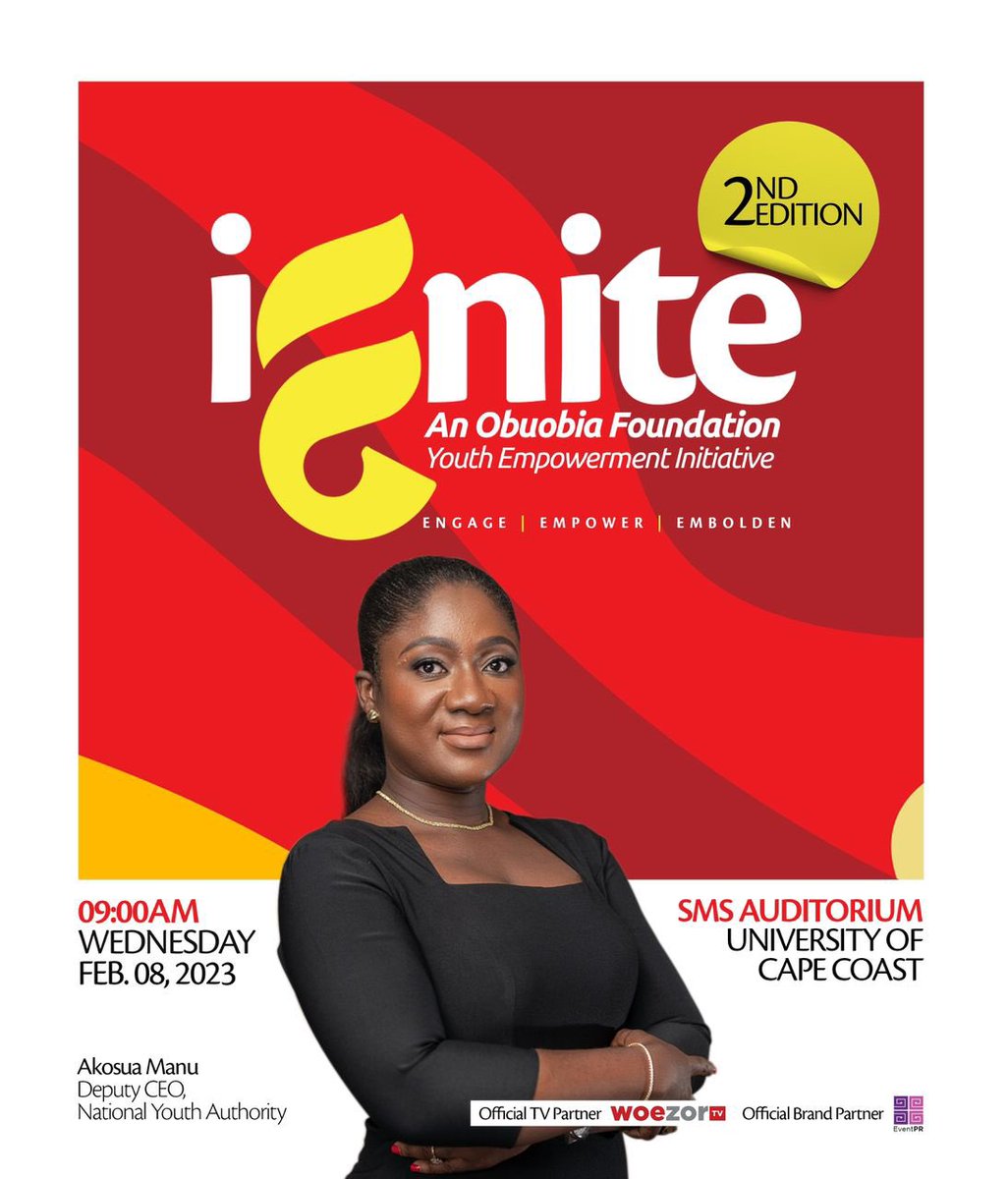 Obuobia's tweet image. Meet another of our three distinguished speakers, the exciting and charismatic Akosua ‘Kozie’ Manu, Deputy Chief Executive Officer of NYA. 

#Engage 
#Empower 
#Embolden 

Participation is free. Register Below: 
forms.gle/M2fxwoSBe9PPJ9…

#IgniteYEI #2ndedition #ThisIsMyStory