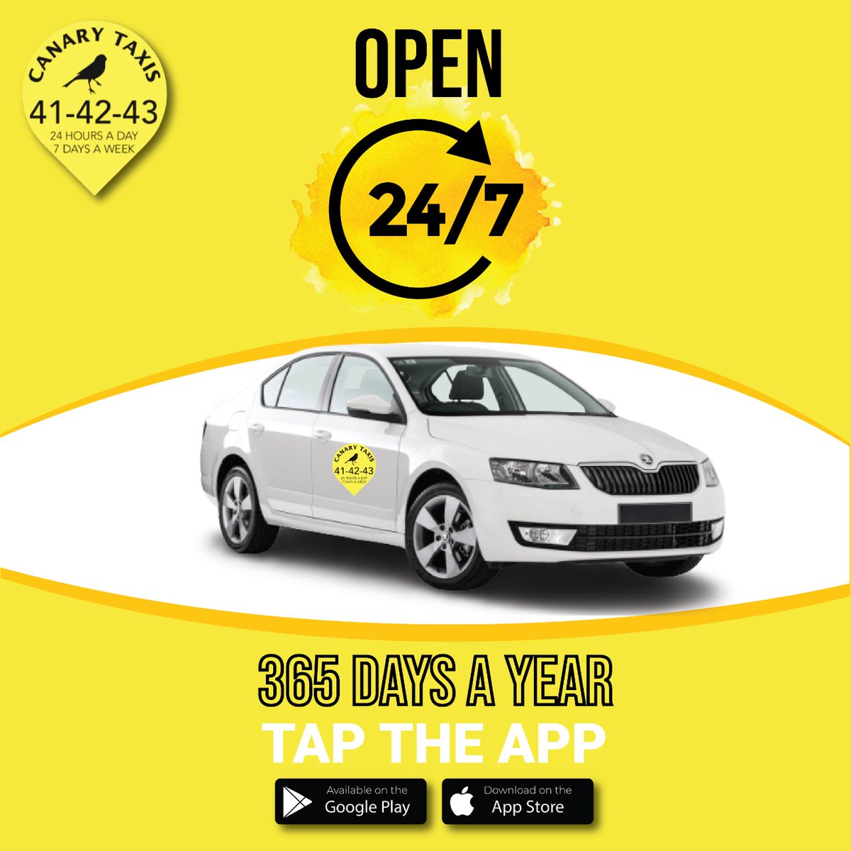 𝟮𝟰/𝟳 𝗦𝗲𝗿𝘃𝗶𝗰𝗲
Canary Taxis guarantees you first-class service around Norwich and beyond, 24 hours a day! ⏰ 🚕
Book today. ⤵️
Call 01603 414243 
download our app 👇
onelink.to/j3e76t