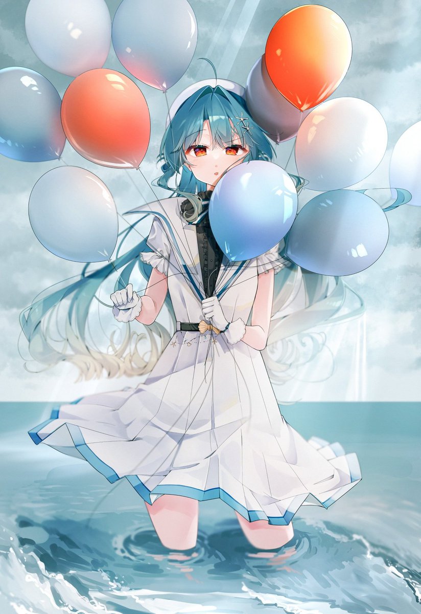 1girl balloon solo gloves holding balloon white gloves wading  illustration images