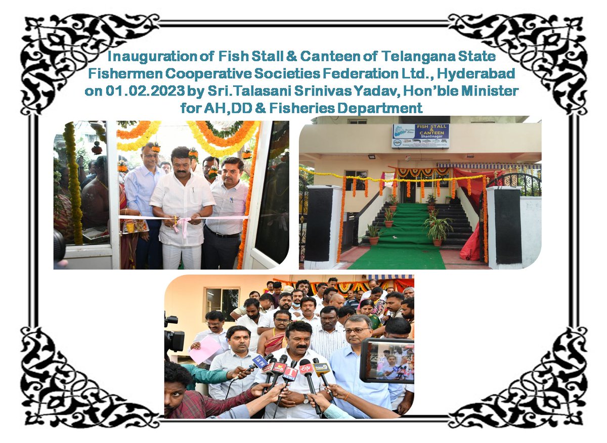 Today <a href="/YadavTalasani/">Talasani Srinivas Yadav</a>,Hon'ble Minister, AH,DD&amp;F inaugurated Fish Stall &amp; Canteen at Shantinagar, Masab Tank, Hyd along with Sri Adhar Sinha, Spl.CS to Govt.,AH,DD&amp;F,<a href="/lachiram_bhukya/">LACHIRAM BHUKYA</a>, HoDs of TSSGDCFL,TSLDA,GM,TSFCOF &amp; Sr.officials from Fisheries Dept.#DeptofFisheries,<a href="/nfdbindia/">NATIONAL FISHERIES DEVELOPMENT BOARD</a>