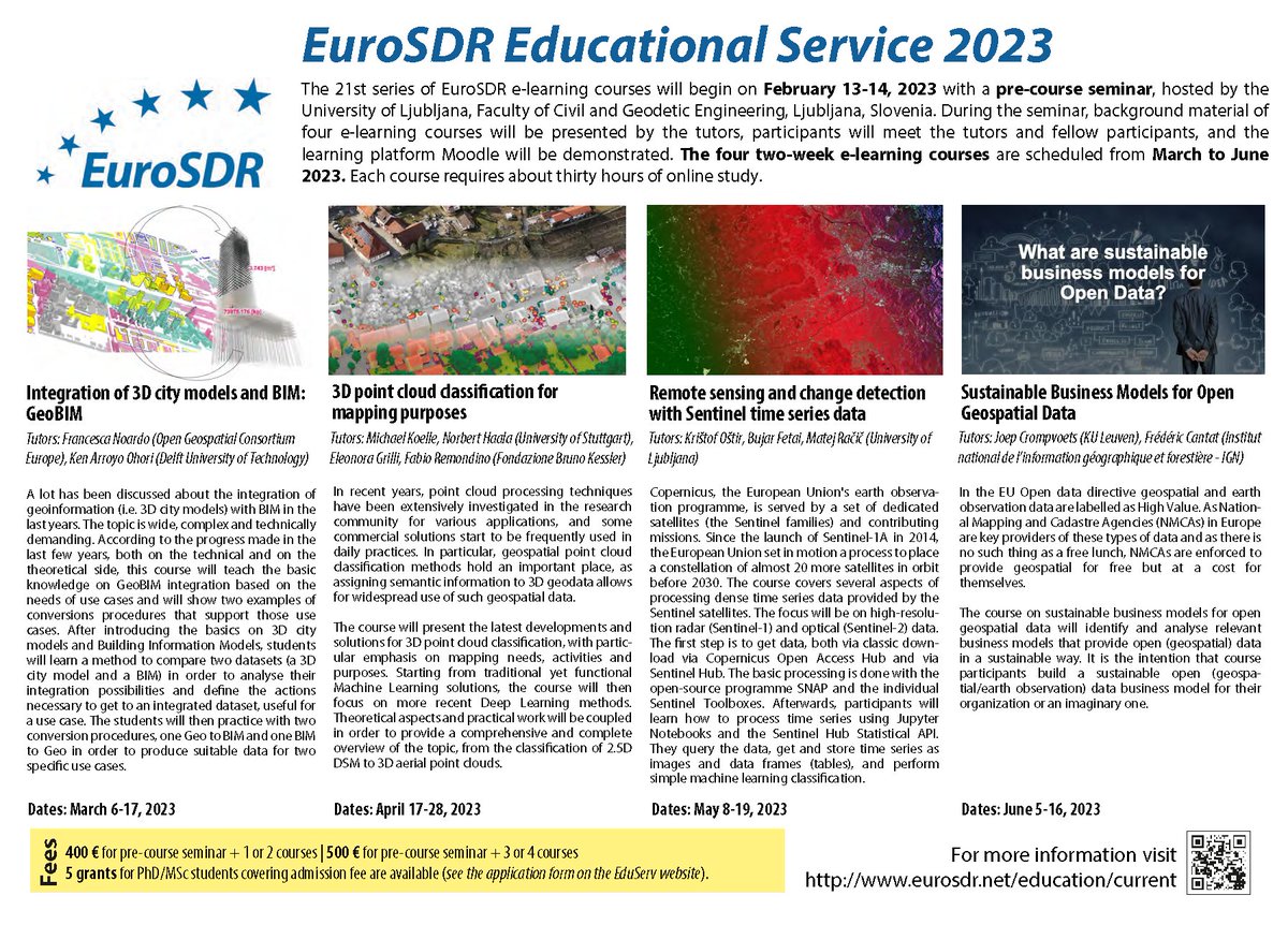 EuroSDR's tweet photo. Registration for #EduServ21 (2023) closes in 3 days ๐๐ปFor more information about our #elearning #courses, click here: https://t.co/kdaItmrFXs #GeoBIM #3DCityModelling #3DPointCloud #RemoteSensing #Sentinel #Sustainable #OpenData #BusinessModels https://t.co/UpbD6So5uv