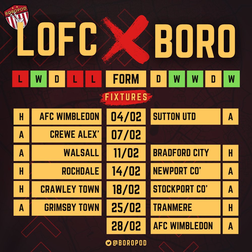 February Fixtures
#LOFC  x #SFC 
By the time Boro play Bradford on 11/02, we will have 3 games in hand over Orient, who are currently 21st in the #LeagueTwo form table.

Stevenage fate this season is now well and truly in our own hands.

#LeagueTwo #EFL #Stevenage #LeytonOrient