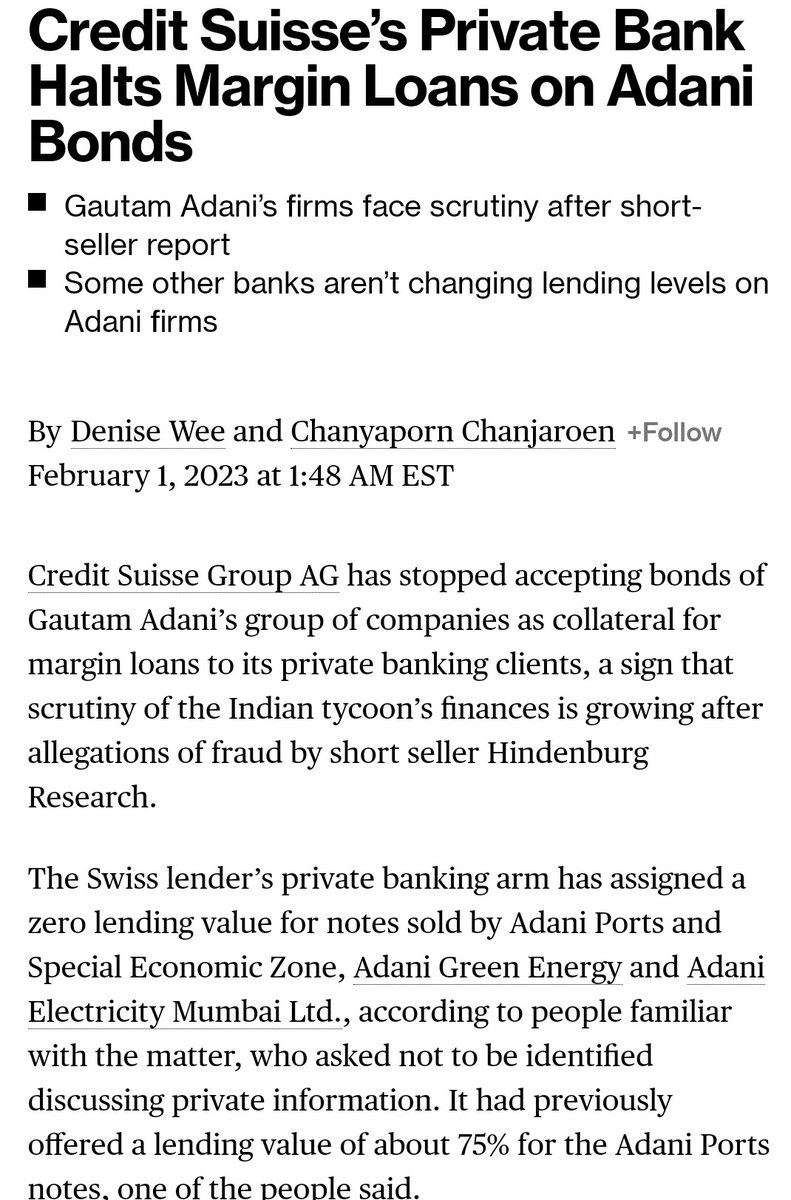 ⚡ Credit Suisse has stopped accepting bonds of Gautam Adani’s group of companies as collateral for margin loans to its private banking clients. Now it cannot raise loan against it bonds. 

#AdaniEnterprises #Budget2022
#HindenburgReport #Nifty50 #StockMarket