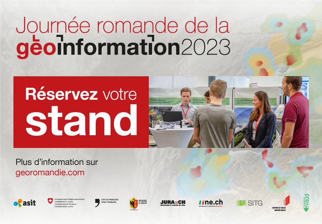 🌍 Actif dans le domaine de la #géoinformation ?

Soyez présent à la Journée romande de la géoinformation 2023 en réservant votre stand dès aujourd'hui !

👉 Conditions et modalités de réservation : bit.ly/3WW5XhM

#JRG2023 #swissGIS #geodata