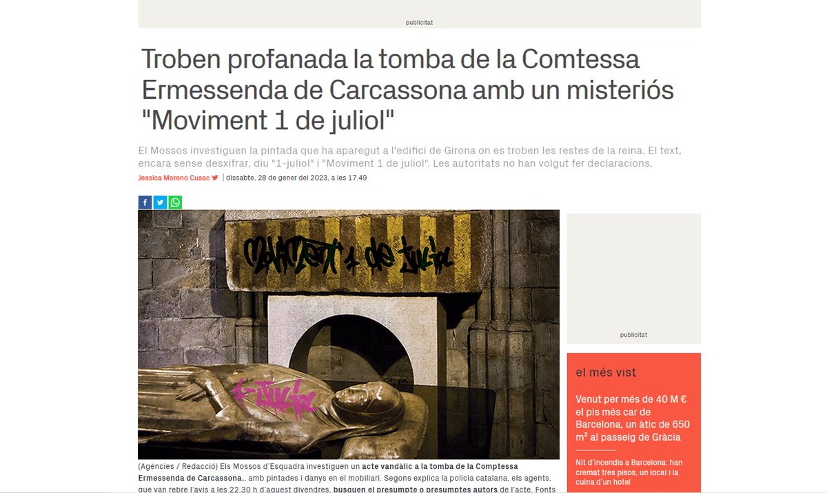 noticies_girona's tweet photo. “Moviment 1 de Juliol” aquest missatge ha aparegut escrit a la tomba de l’Ermessenda de Carcassona a la Catedral de Girona
https://t.co/Bgu1FqzYYd https://t.co/YTFN1Wxjmm