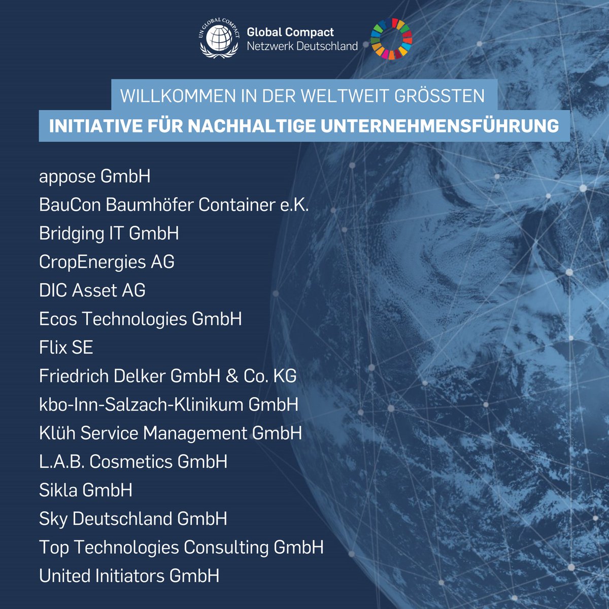 UN Global Compact Network Germany (@globalcompactde) on Twitter photo 👋 Willkommen im UN GCD! Wir begrüßen 15 neue Unternehmen und Organisationen, die im vergangenen Monat dem <a href="/globalcompact/">UN Global Compact</a> beigetreten sind. Für alle Neuen im Netzwerk findet am 2. März unsere nächste Einführungsveranstaltung statt.
#UnitingBusiness #DeacdeofAction 👋 Willkommen im UN GCD! Wir begrüßen 15 neue Unternehmen und Organisationen, die im vergangenen Monat dem <a href="/globalcompact/">UN Global Compact</a> beigetreten sind. Für alle Neuen im Netzwerk findet am 2. März unsere nächste Einführungsveranstaltung statt.
#UnitingBusiness #DeacdeofAction