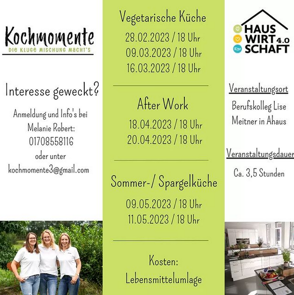 Die letzten Kochkurse im #LEADER-Projekt des #BHD zur #Hauswirtschaftsoffensive stehen an!

Letzte Gelegenheiten also, im tollen Team köstliche Dinge zuzubereiten!

Anmelden!!