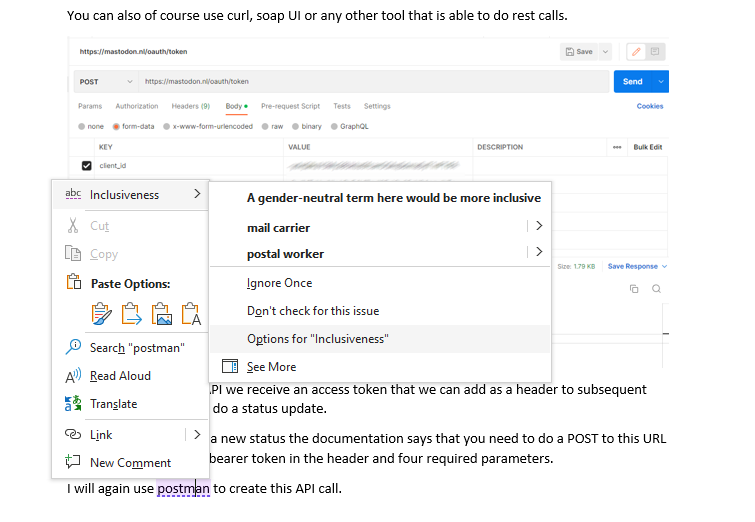 robbla's tweet image. Sometimes Word can so so annoying. I do not want to be inclusive, i am using postman to try out an API.