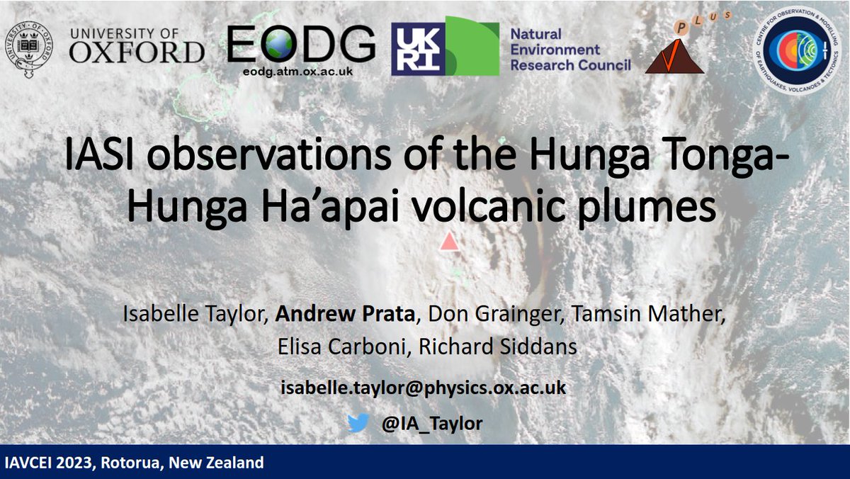 Come hear about our work at <a href="/oxford_EODG/">Earth Observation Data Group</a> on the Hunga Tonga-Hunga Ha'apai eruption in the #iavcei2023 Hunga session today. We have two talks: one in the morning on <a href="/IA_Taylor/">Isabelle Taylor</a>'s work on the HTHH SO2 (10H) and one in the afternoon where I'm going to talk about ice (11H)!