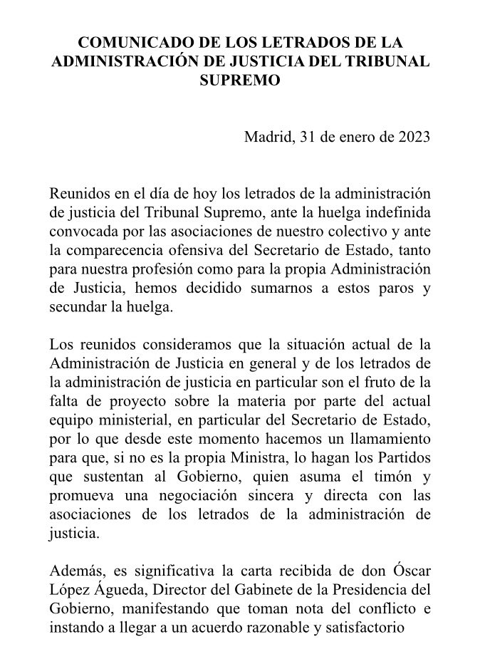 COMUNICADO DE LOS LETRADOS DE LA ADMINISTRACIÓN DE JUSTICIA DEL TRIBUNAL SUPREMO