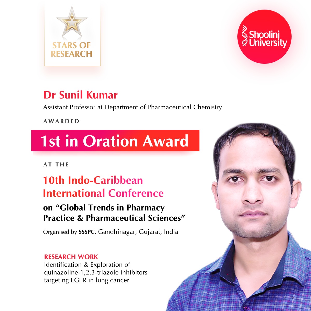 Congratulations to Asst Prof Sunil Kumar (Department of Pharmaceutical Chemistry) for being awarded 1st in Oration Award for his research work in the Research Scholar Category.
Kudos to you sir. 🙌🏼

#research #researcharticle #researchers #lungcancer #pharmacy #researchuniversity