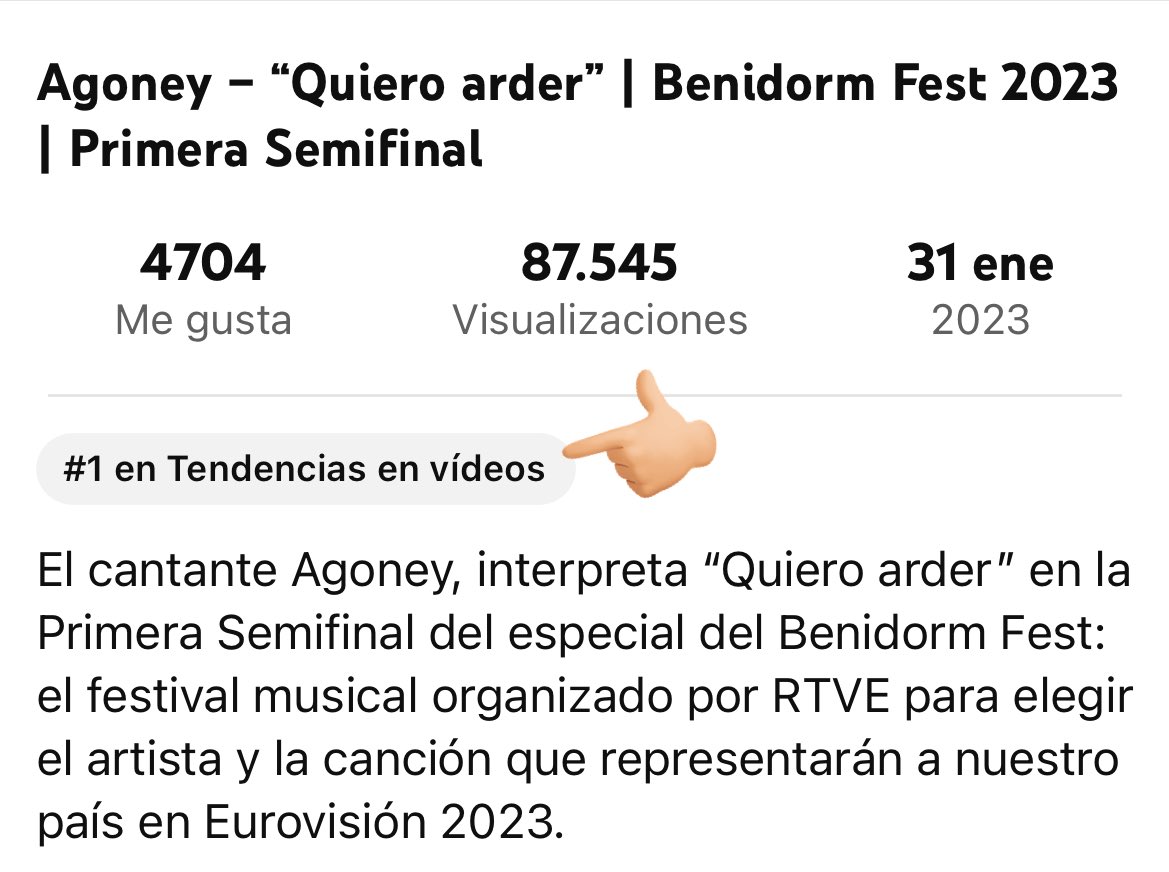 AgoneyCharts's tweet photo. 10:37h

La actuación de @Agoney con “Quiero Arder” en la primera semifinal del #BenidormFest se acerca a las 100.000 reproducciones y ya es NÚMERO #1 EN TENDENCIAS en YouTube ❤️‍🔥❤️‍🔥

https://t.co/EAA24L5VoB https://t.co/2fBuIacc2R