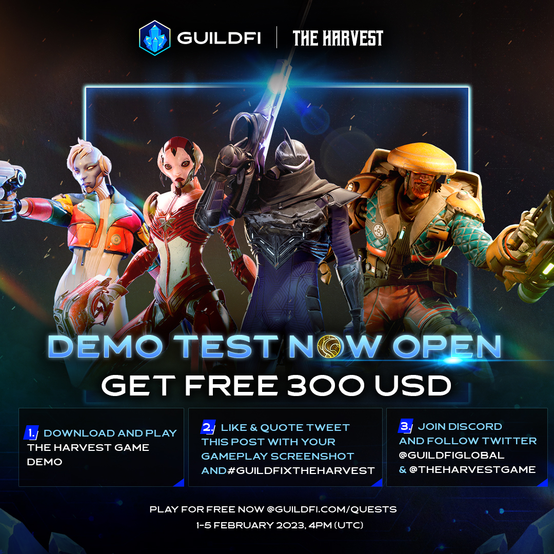 The <a href="/TheHarvestGame/">The Harvest: O'Ree-Jin 🔥</a> Demo is LIVE🎮🥳

Complete our quests to win $300👇

1⃣Play Demo
2⃣Like and QT this with gameplay screenshot and #GuildFixTheHarvest
3⃣Join <a href="/GuildFiGlobal/">GuildFi</a> and <a href="/TheHarvestGame/">The Harvest: O'Ree-Jin 🔥</a> Discord and Twitter

🗓️1 Feb 10AM UTC to 5 Feb 4PM UTC
📍GuildFi.com/quests

🧵