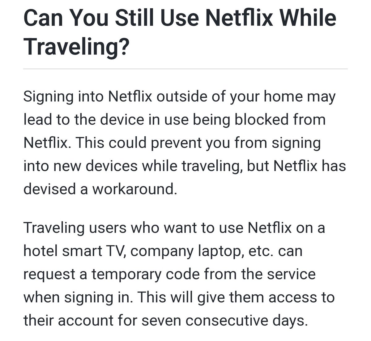 Andrerseits's tweet photo. Die neuen Maßnahmen von Netflix zur Unterbindung von Passwort-Sharing sind radikal. Du loggst dich 31 Tage lang nicht in deinen Account in deinem Home Wifi ein? Gebannt. Du willst unterwegs im Hotel gucken? Brauchst einen 7 Tage Access-Code. Sonst? Gebannt. Schuss ins Knie. https://t.co/rVan07V0RH