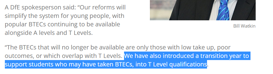 SteveHewittMIS's tweet photo. What is this nonsense from DfE though? 
"We have also introduced a transition year to support students who may have taken BTECs, into T Level qualifications"
That's, that's not what the transition year is??? https://t.co/wVm2LWZfGq
