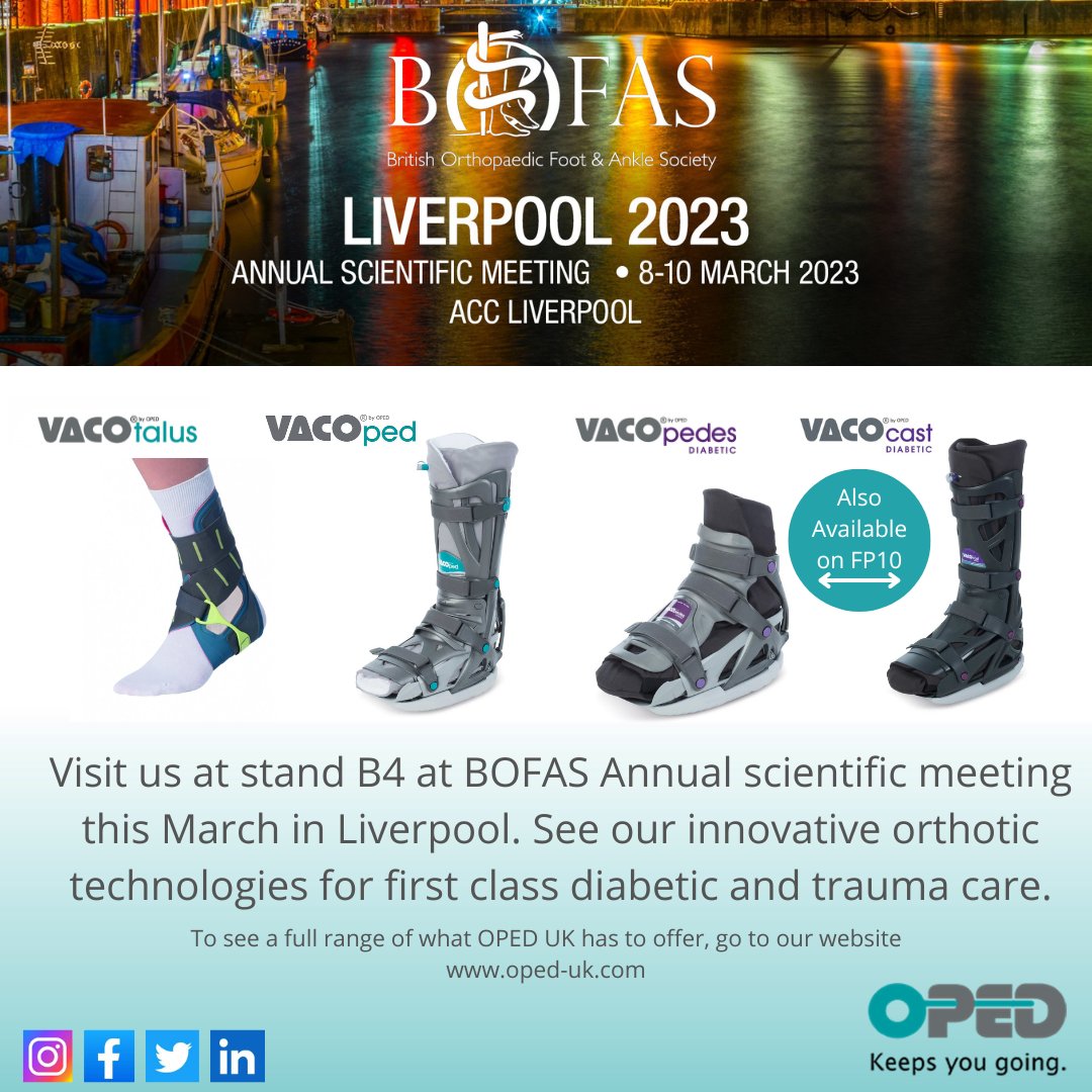 We are excited to be back at the BOFAS this year in Liverpool. Find us at stand B4 and see our innovative treatment solutions for diabetic foot offloading and Achilles Tendon ruptures. #BOFAS #achillesrupture #diabetes #physiotherapy #vacoped #vacocast #diabeticfoot